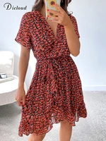 dicloud sexy summer dresses for women 2022 with belted waist red floral v neck casual dress holiday trip outfit female clothing