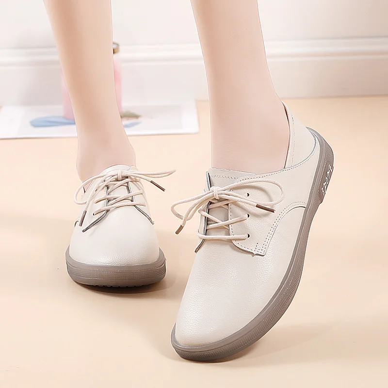 

Women ballet flats shoes spring autumn soft leather shoes ladies lace up white black casual flats shoes nurse shoes cute shoes