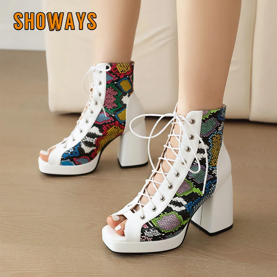

Women's Summer Ankle Boots Peep Toe High Chunky Heels White Black Flower Embroider Patchwork Dress Party Ladies Lace-up Sandals
