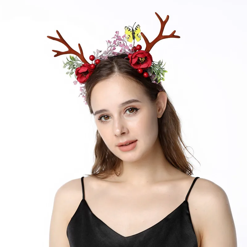 

Christmas Deer Horn Headdress Branch Flower Twig Hair Band Headband Adult Kids Cosplay Fancy Head Dress Cute Reindeer Horns Gift