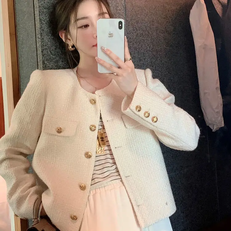

Женские твидовые короткие куртки, повседневные корейские модные шерстяные куртки, элегантные винтажные жакеты, милая шикарная верхняя одежда, новинка Q01
