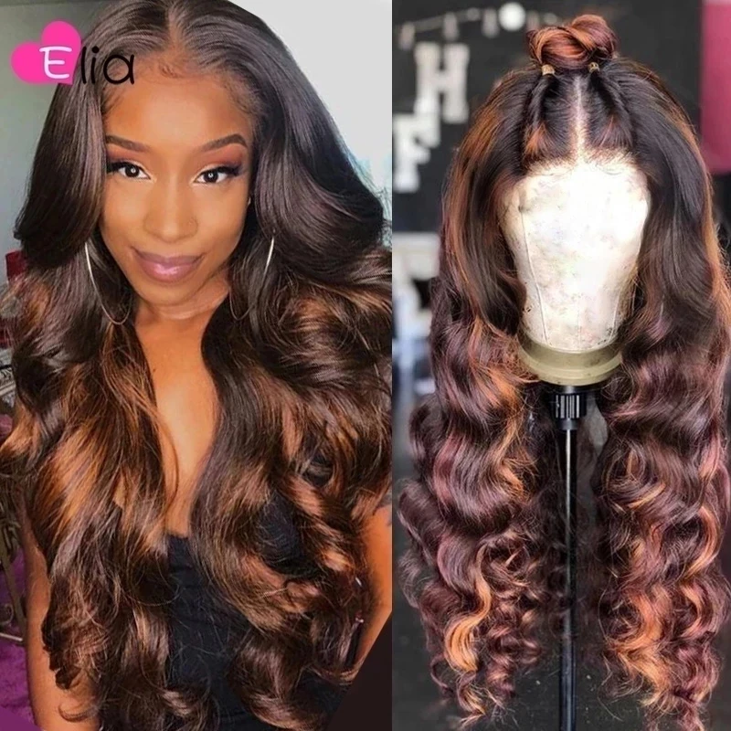 Elia 13X6 Body Wave Highlight Brown Lace Frontal Wig Human Hair Wig 180 Density Remy Peruvian 100% Human Hair For Black Women