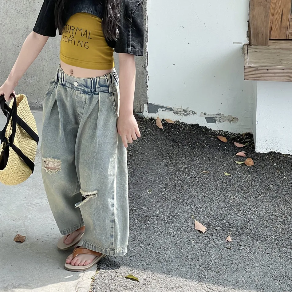 

Girls' Summer Thin Korean Style Ripped Trendy Jeans Children Straight-Leg Pants