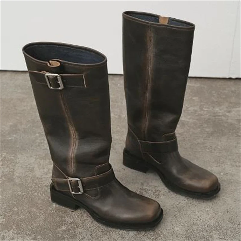 

Belts Buckle Shoes for Ladies Sewing Lines Western Long Calf Boots Women Square Toes Chassure Femme Leather Zapatos De Mujer