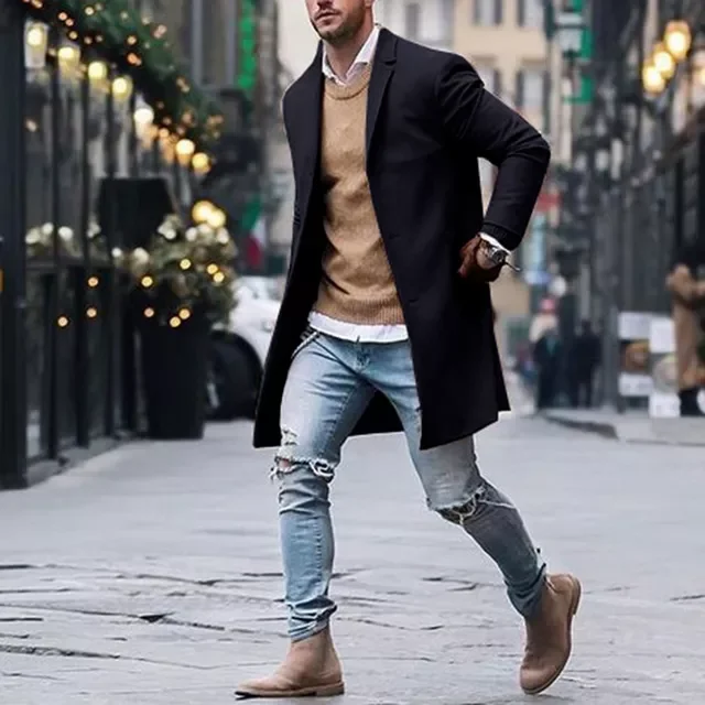 

NEW 2023 Autumn Winter New Men's Slim Fit Wool Coat Male Cashmere Blended Long Overcoat Black Red Gray Jacket Outerwear S-3X