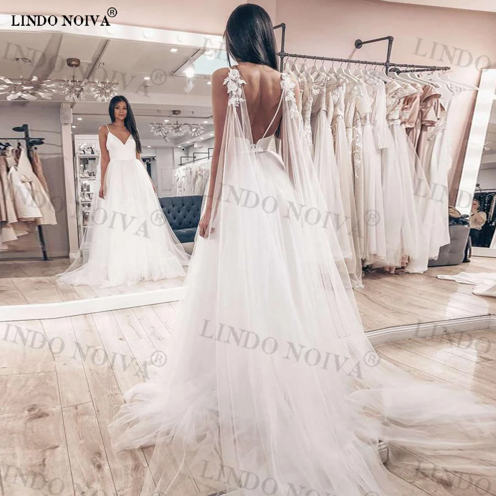

Женское атласное свадебное платье LINDO NOIVA, платье на тонких бретельках с V-образным вырезом и открытой спиной в стиле бохо, фатиновое платье невесты