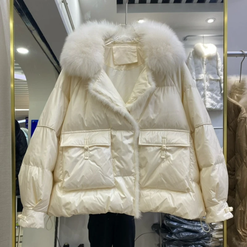 

2023 New Winter Women Real Fox Fur 90% White Duck Down Jacket Short Puffer Coat Female Vintage Mink Fur Patchwork Parka Coats