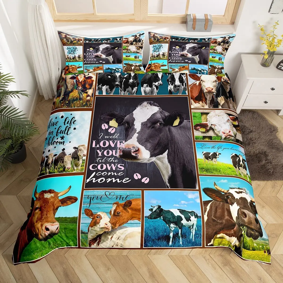 Cows Duvet Cover Set Full Size Milk Cow Print Comforter Cover Farm Animal Theme Bedding Set Room Decor,Checkered Quilt Cover