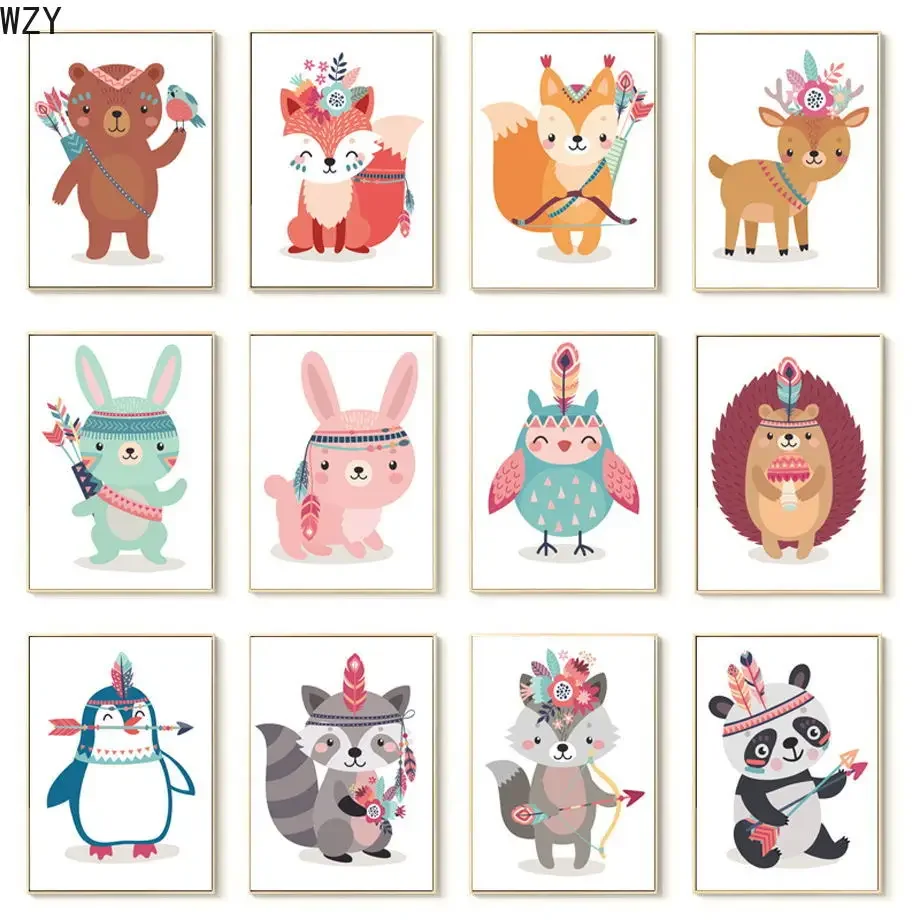 

Wall Art Canvas Painting Indian Animal Fox Owl Rabbit Deer Baby Kids Room Decor Nursery Nordic Posters And Prints Wall Pictures
