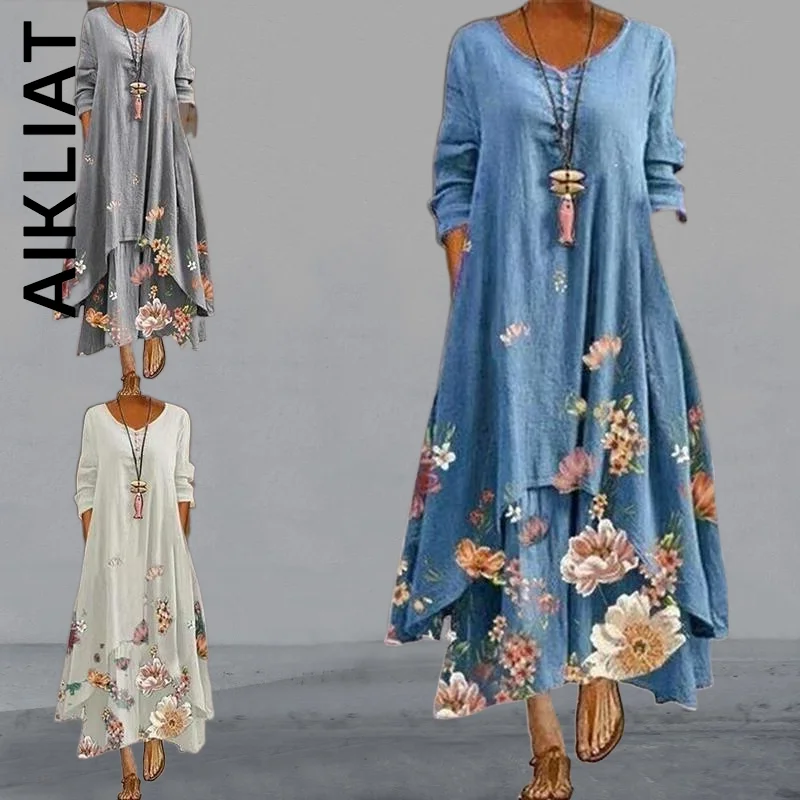 

Aikliat Women Dress O Neck Buttons Irregular Hem Maxi Dresses Floral Print Long Dresses Elegant Dresses Woman Female Vestidos