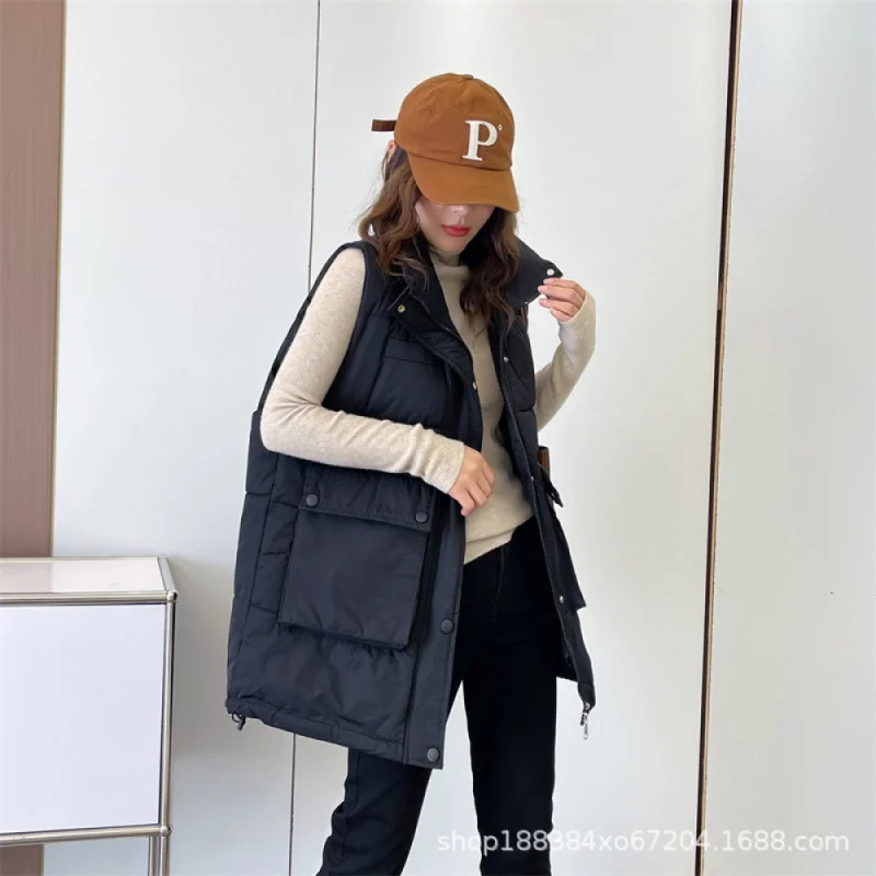 

Женский пуховой жилет из хлопка, новинка осень-зима 2023, модная универсальная свободная утягивающая верхняя одежда с большими карманами, жилет