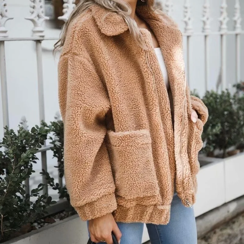 Autumn Winter loose Faux Fur Coat Women 2021 Casual Warm Zipper Fur Jacket Plush Overcoat Pocket Plus Size Teddy Coat Female