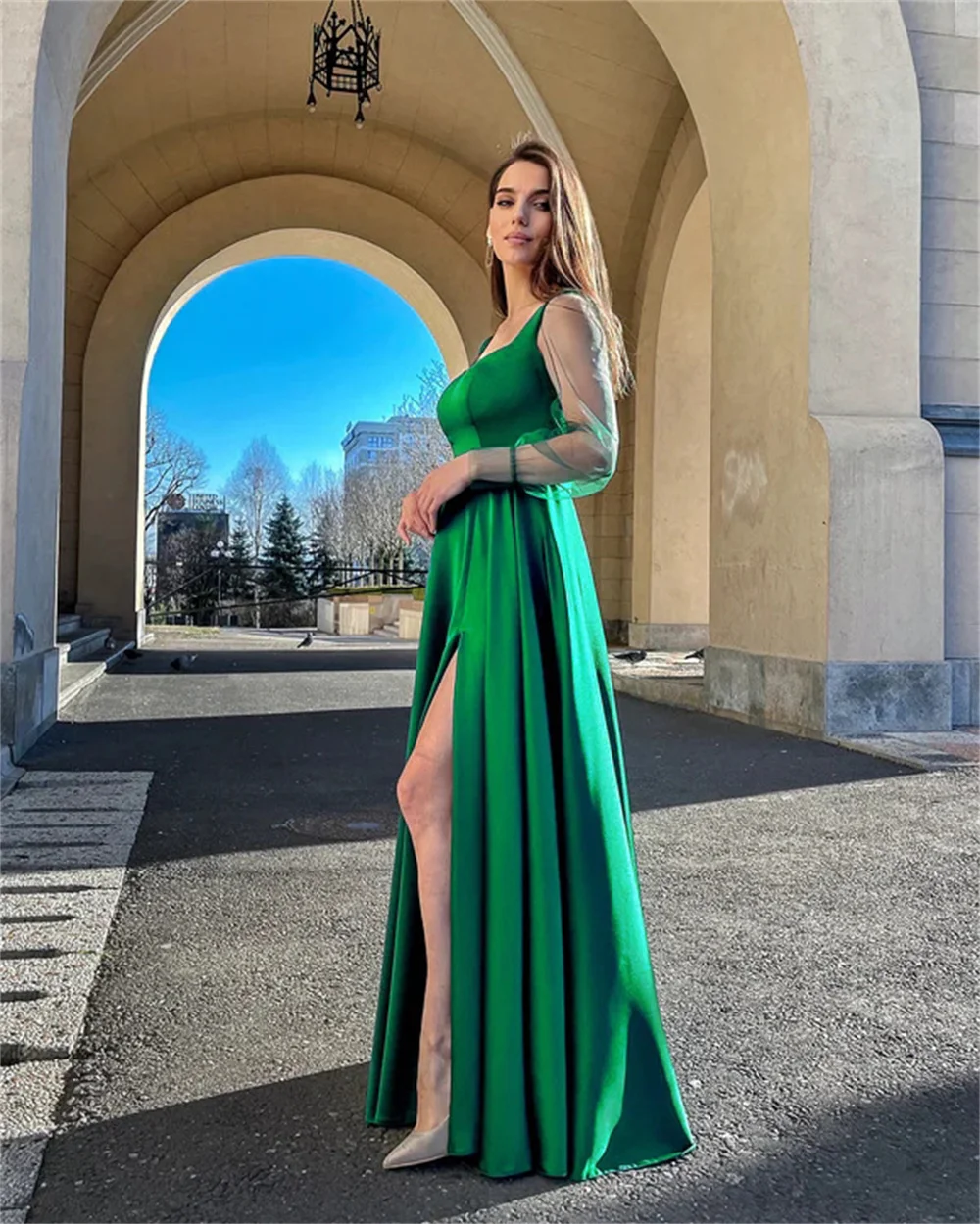 Women's Elegant Formal Dress Long Sleeve Prom Gown Split A-Line Slim Party Evening Long Dresses