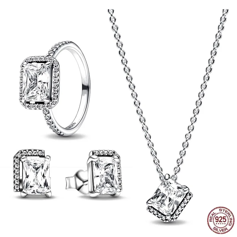 

High quality 925 sterling silver exquisite women's set rectangular shiny halo ring necklace earrings charming women's jewelry