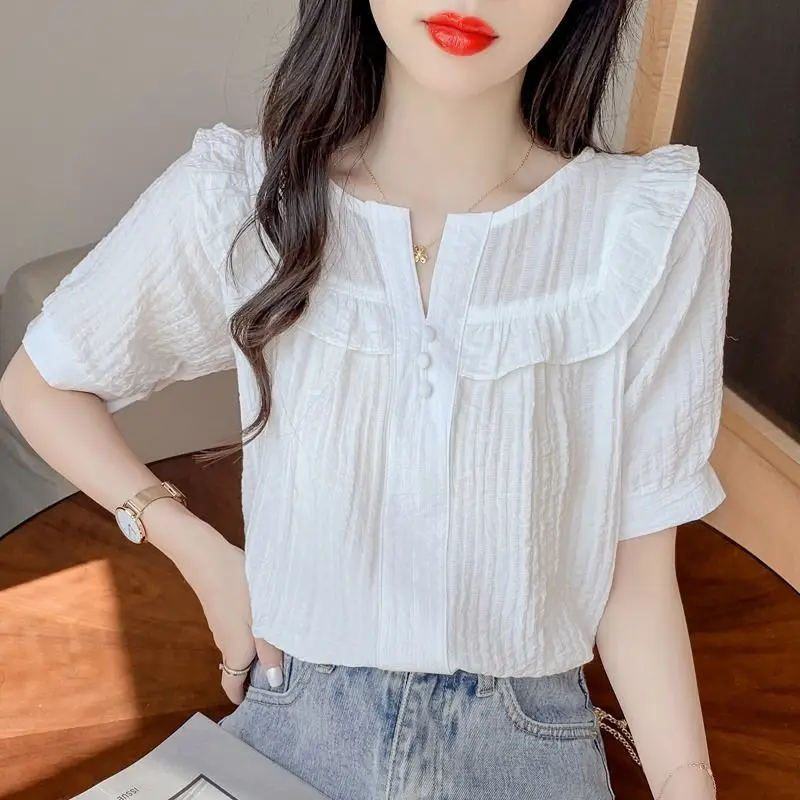 Женская шифоновая рубашка с коротким рукавом и V-образным вырезом