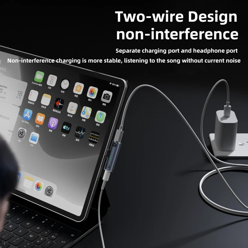 Фото Адаптер PD100W USB-C на 3,5 мм HiFi для наушников, 2-в-1, с разъемом Type-C для зарядки и AUX-аудиоадаптером для iPad Pro, Samsung, Huawei №4