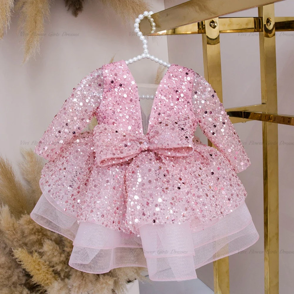 

Glitter Blush PInk Full Sleeve With Bow Flower Girl Dress Fluffy Tiered Tutu Girl Birthday Party Gown Dress For Christmas New