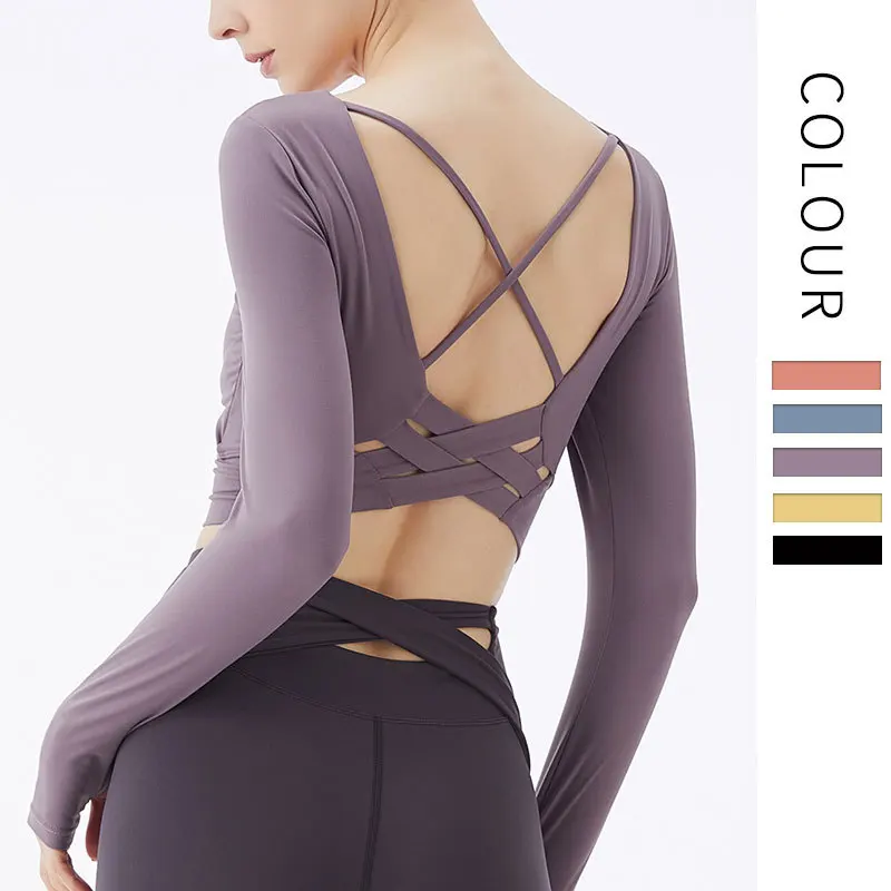 

Yoga Women T-Shirts Short Sleeve Sexy Hollow Design Cross Back Padded Corp Top Fitness Gym Sports Quick Dry Slim Clothes