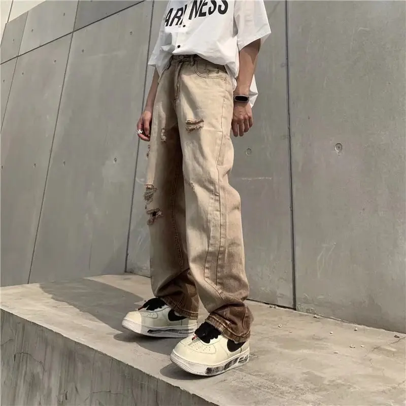 Denim Retro Ripped Patch Jeans Men Hot Sell Fashion Straight Casual New Style Streetwear Pants