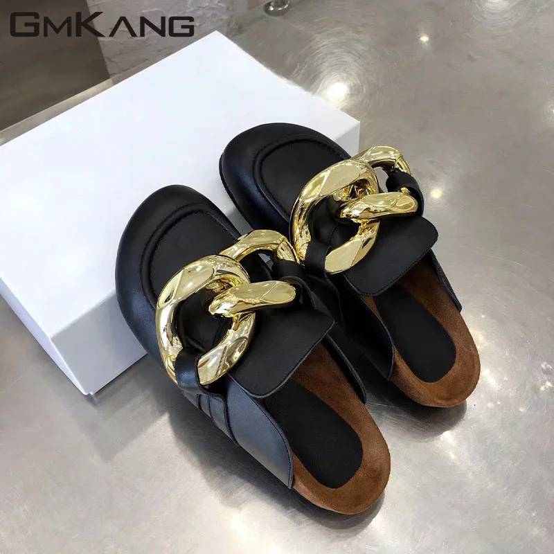 Chain Decoration Thick Bottom Slippers Women Black White Genuine Leather Mules Women Flat Slippers Women Zapatillas Mujer