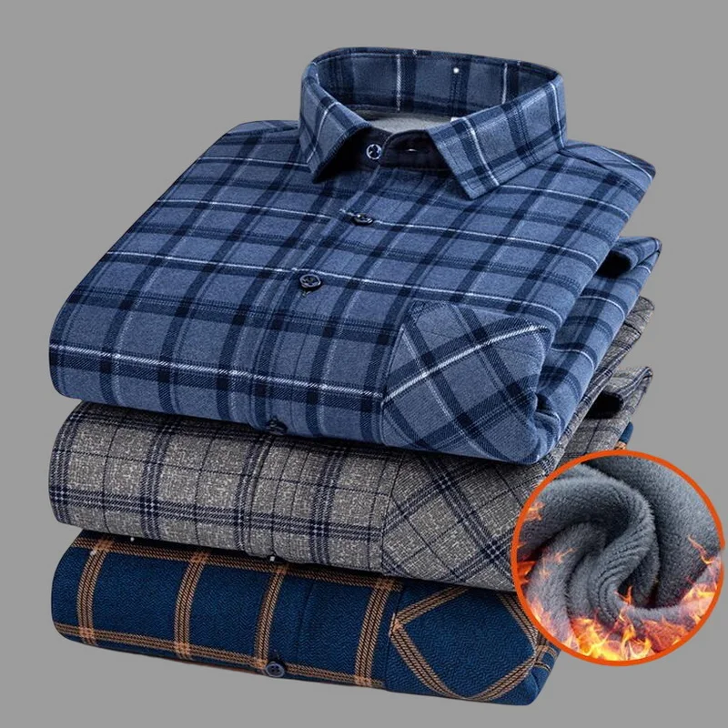 

Рубашка мужская с двусторонним бархатным утеплителем, Повседневная теплая тянущаяся рубашка из шерсти и флиса, в клетку и в полоску, с одним карманом, Осень-зима