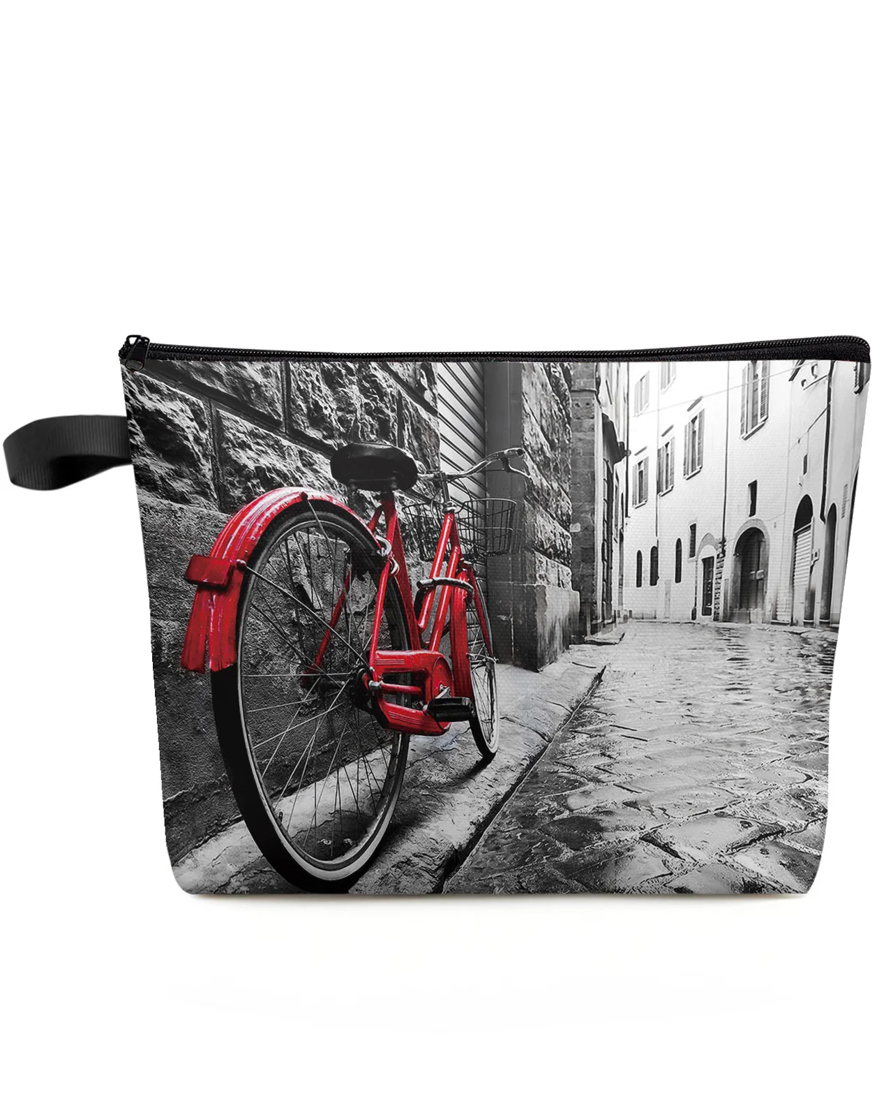

Retro Vintage Red Bicycle On The Street In The Old Town Makeup Bag Pouch Women Cosmetic Bags Organizer Storage Pencil Case