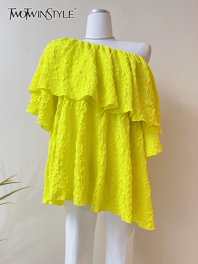 

TWOTWINSTYLE Loose Solid Shirts For Women Slash Neck Short Sleeve Patchwork Ruffle Trim Blouses Female Fashion Spring Clothing