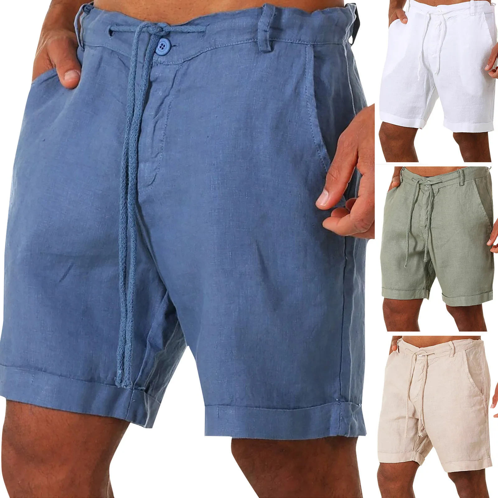 

New Fashion Cotton Flax Shorts Casual Male Drawstring Waist Solid Color Beach Board Breathable Trousers Mens Linen Short Pants