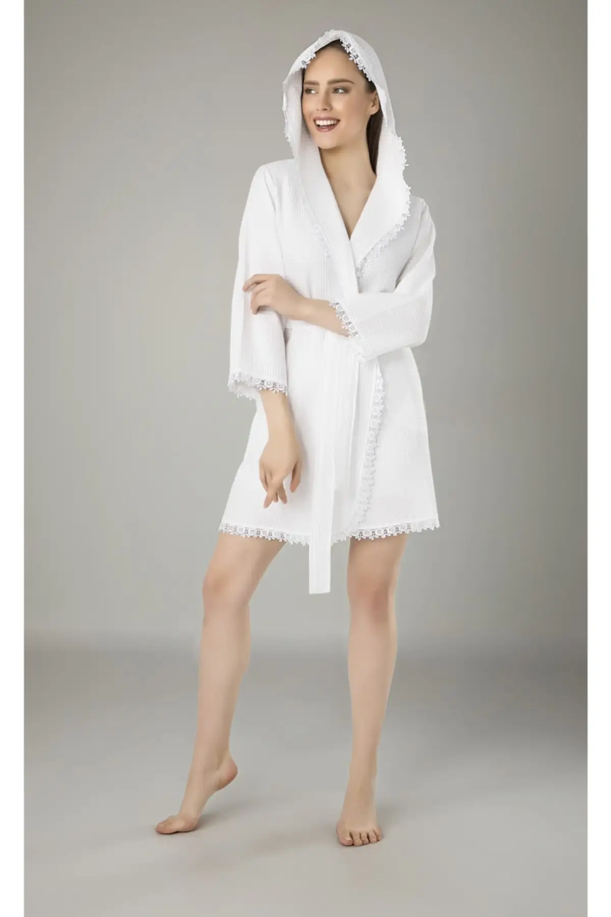 

Dressing Gown White Lace embroidery Bamboo Cotton Pique Bathrobe Peignoir Kimono Bride Sleepwear Night Gown