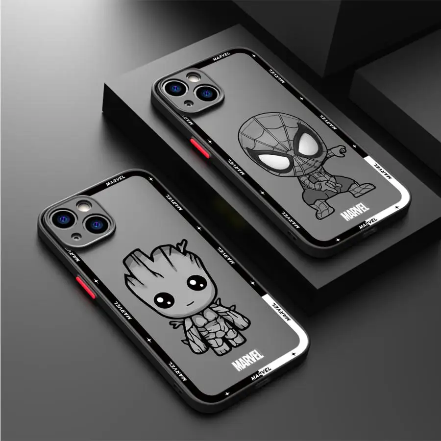 Cartoon Marvel Spiderman Groot Phone Case for iPhone 14 Pro 11 15 ProMax XS Max 7 8 Plus 13 Mini 12 16 SE XR Matte Cover