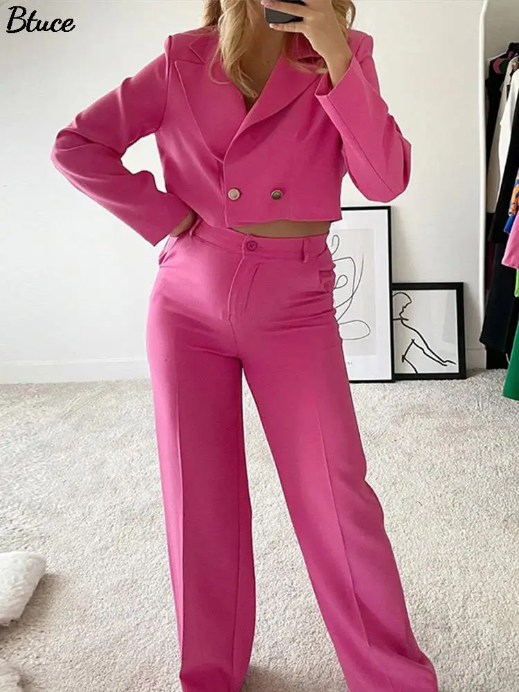 

Women's Fashion Solid Color Short Suit Top Wide-Leg Pants Set 2022 V-neck Suit With Two Buttons High Waist Trouser Two-Piece Set