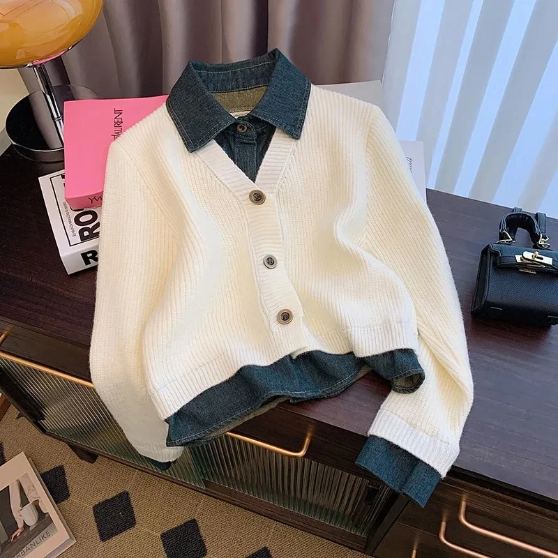 Осень-зима 2022 новый ретро-поддельный двухсекционный вязаный кардиган свитер