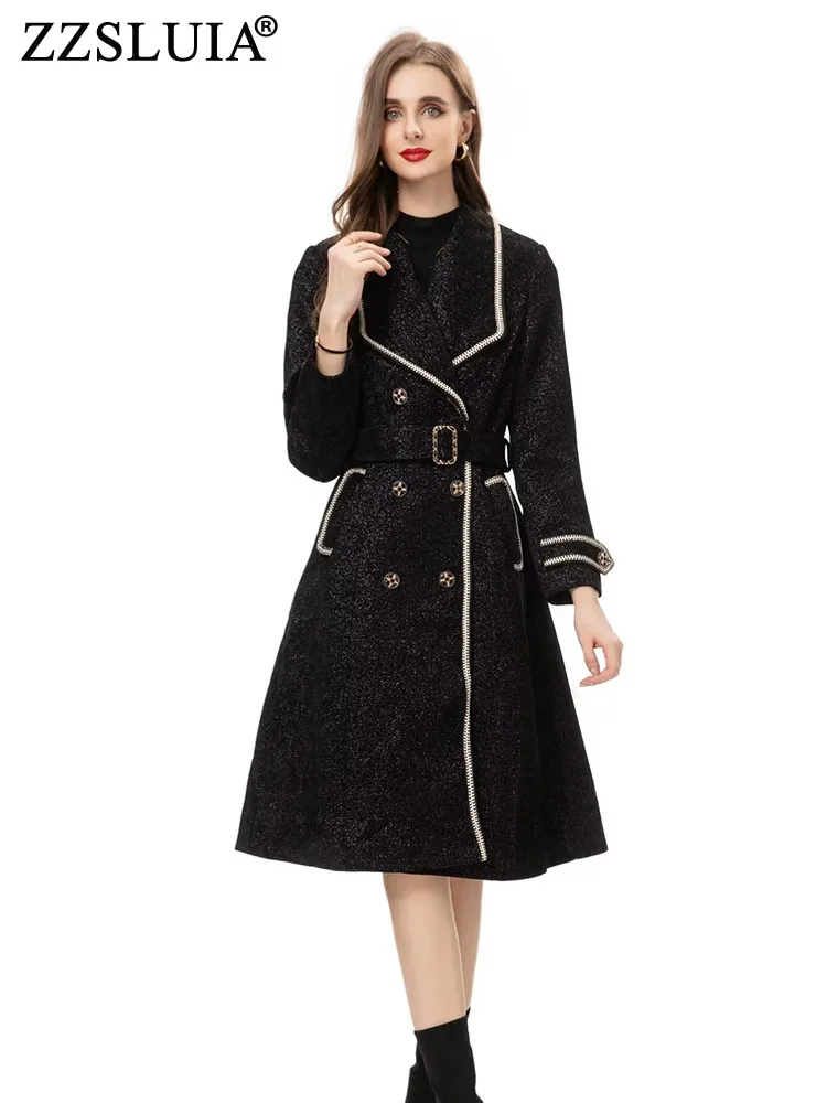 

ZZSLUIA винтажные длинные пальто для женщин двубортные дизайнерские тонкие тренчи с отложным воротником с длинным рукавом французское элегантное пальто из ткани