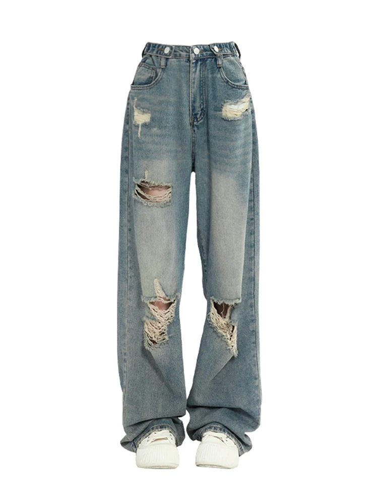 

Летние женские Мешковатые американские винтажные Синие рваные джинсы, джинсовые брюки с эффектом потертости, прямые длинные брюки, дизайн 1920-х годов, Новинка