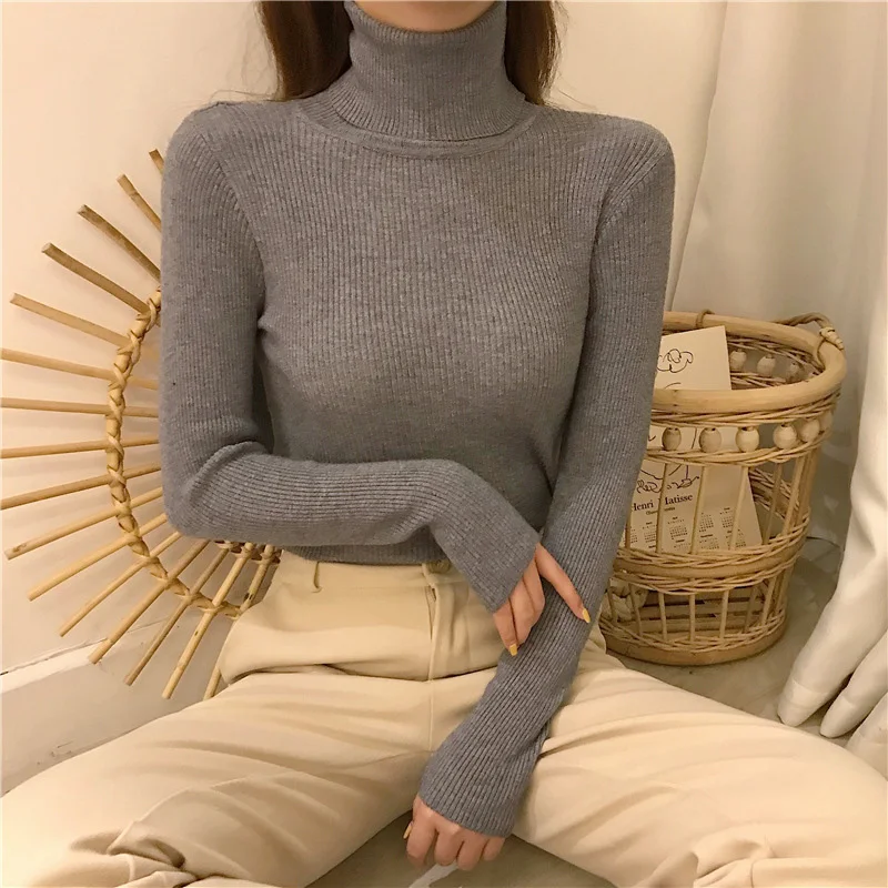

Winter White Tops Elegant Office Clothes Casual Long Sleeve Slim Pullover Jumper Fashion Turtleneck Knitted Sweater Women 24414