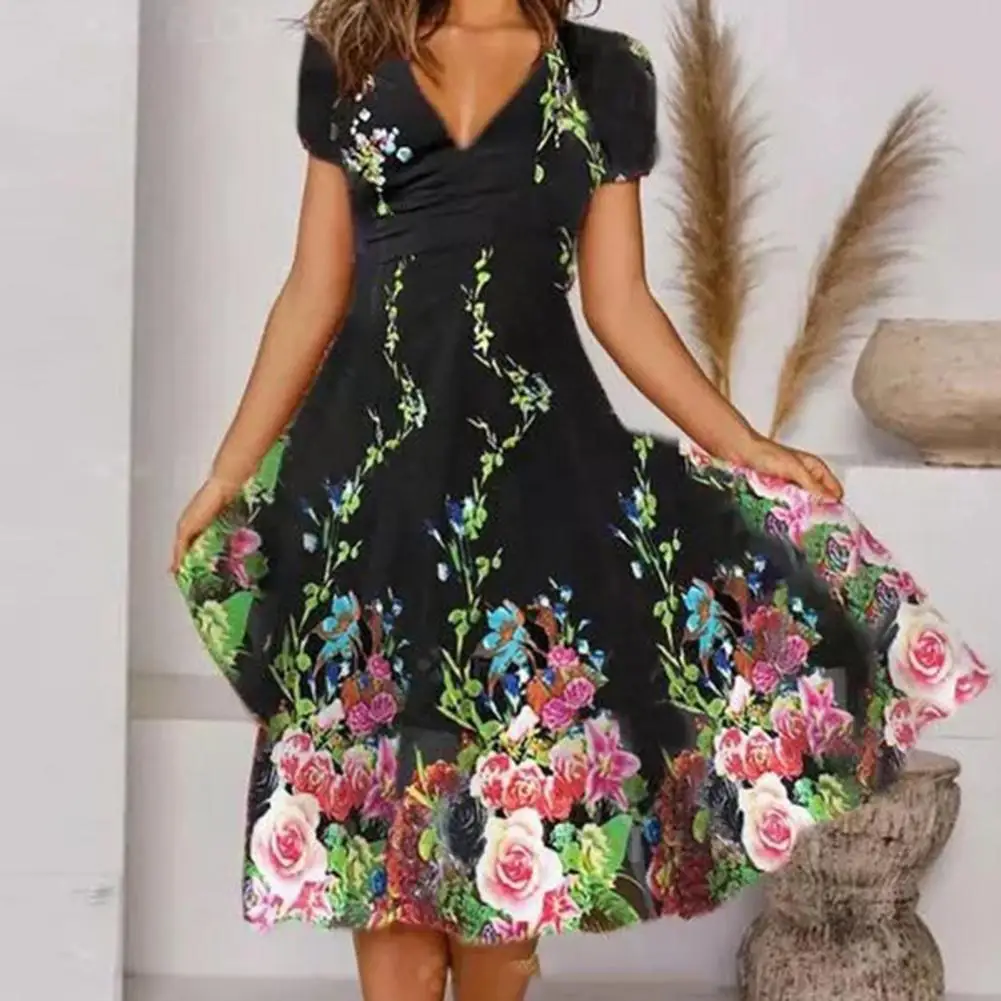

Elegant Women Dress V-Neck Short Sleeve Large Hem Elegant Dress Vivid Flower Printing Ladies A-Line Midi Dress Female Clothes