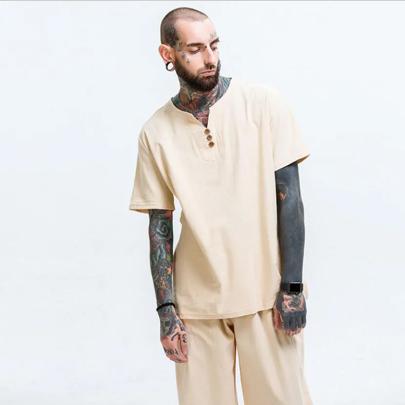 Летние мужские льняные футболки с коротким рукавом и v-образным вырезом