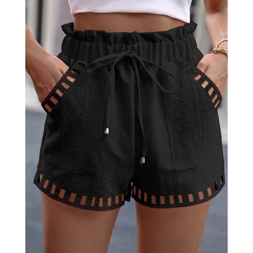 Korean Style Women Ruched High Waist Shirring Belted Shorts Female Casual Elegant Summer Hollow Out Pocket Design Hot Pants