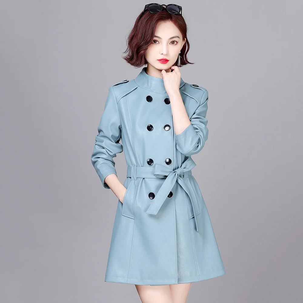 New Women Sheep Leather Trench Coat Spring Autumn Casual Fashion Stand Collar Belt Slim Medium Long Split Leather Coat Female