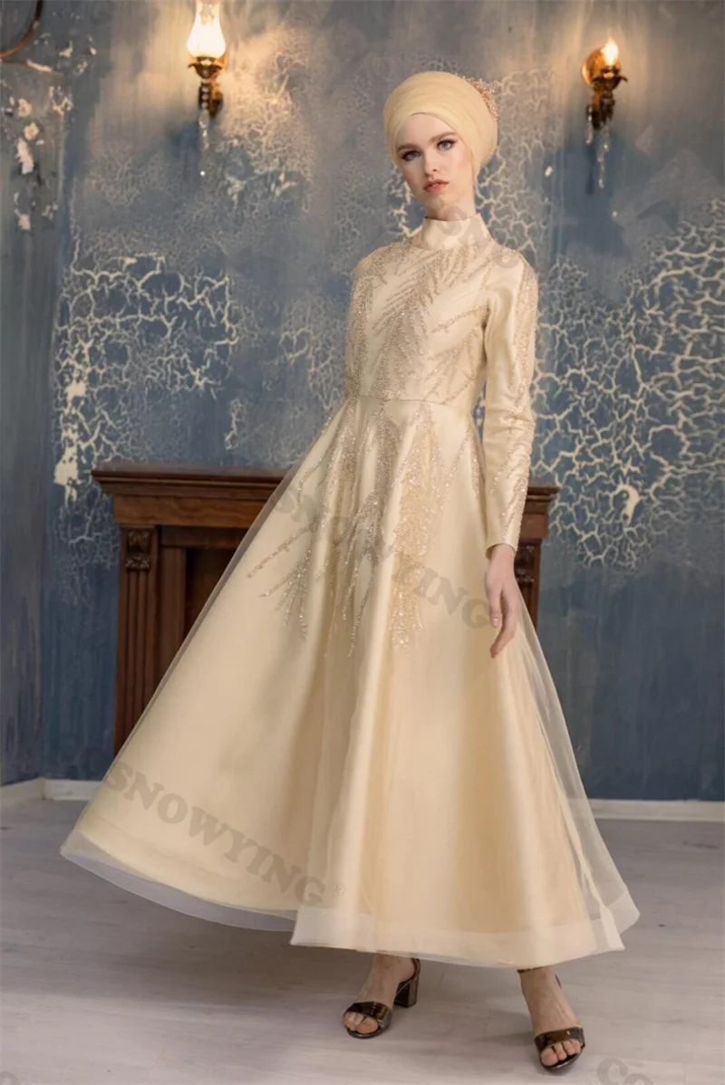 

Elegant Appliques Beaded Muslim Evening Dresses Long Sleeve Islamic Formal Party Gowns High Neck Women Arabic Robes De Soirée