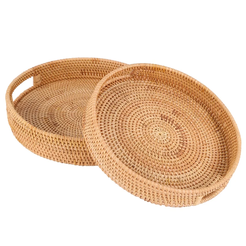 

Rattan Handwoven Round High Wall Severing Tray Food Storage Platters Plate Over Handles For Breakfast,Drinks,Snack For Coffee Ta