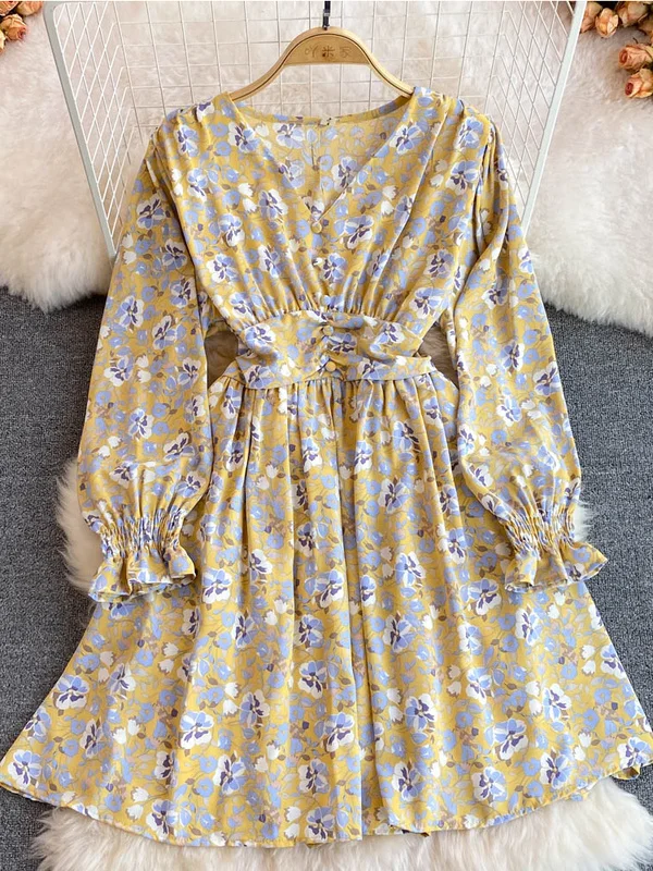 

Gaganight Women Floral Printed V neck Dress 2022 Spring Fashion Korean Version Waist Thin Vestidos Long sleeved A line Dresses