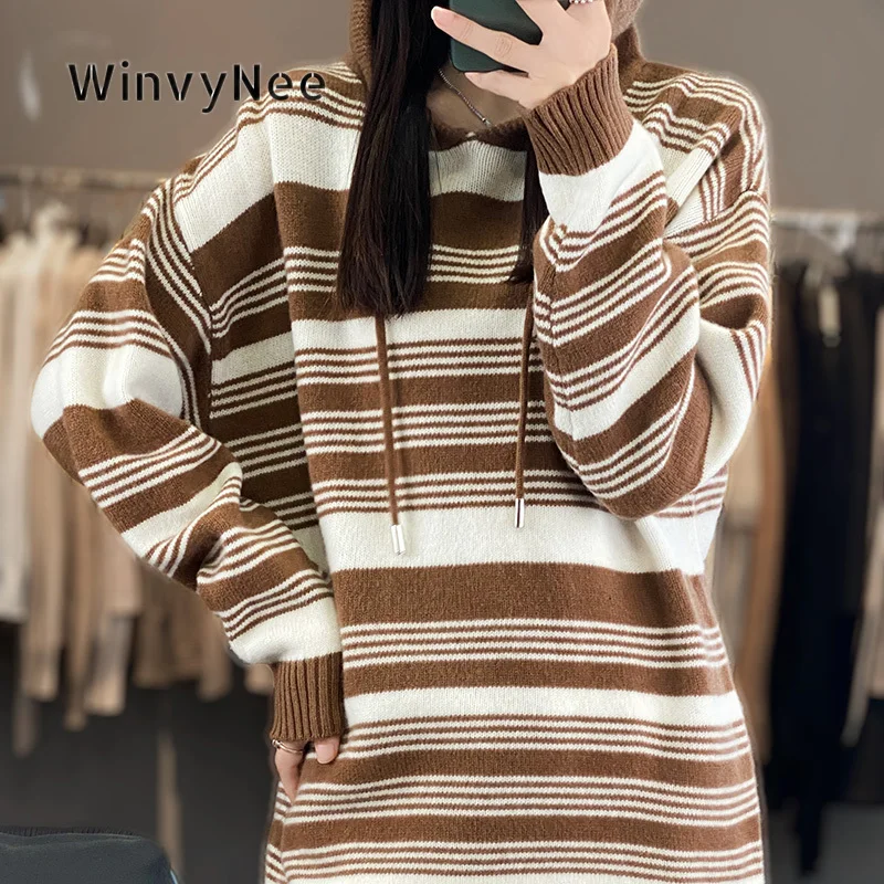 Фото Женская вязаная туника WinvyNee с капюшоном и круглым вырезом, теплая, 100% шерсть, в полоску, свободного кроя, шелковистая, стильная, для холодной зимы, повседневная одежда, модель A1853006 №4
