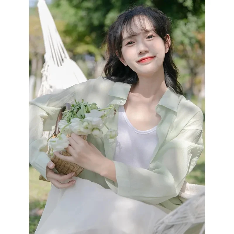 Женская шифоновая рубашка Корейская свободная Солнцезащитная футболка из