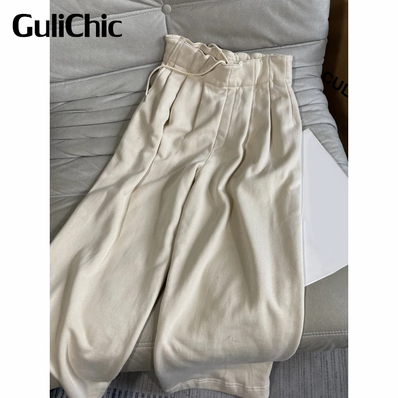 

3.10 GuliChic Cotton Casual Pleated Design Wide Leg Pants Sweatpants Women