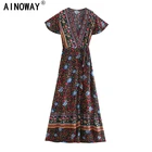 Винтажное шикарное модное женское пляжное платье с запахом и цветочным принтом, богемное Макси-платье, женские сексуальные летние хлопковые платья Бохо С V-образным вырезом