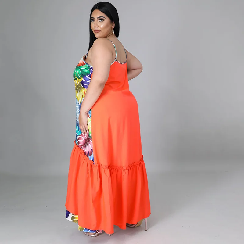 Plus Size 5xl Bohemia Summer Women Maxi Long Dreeses Fashion Flower Printed Spaghetti Strap Dress Wholes 3xl 4xl 5xl 6xl