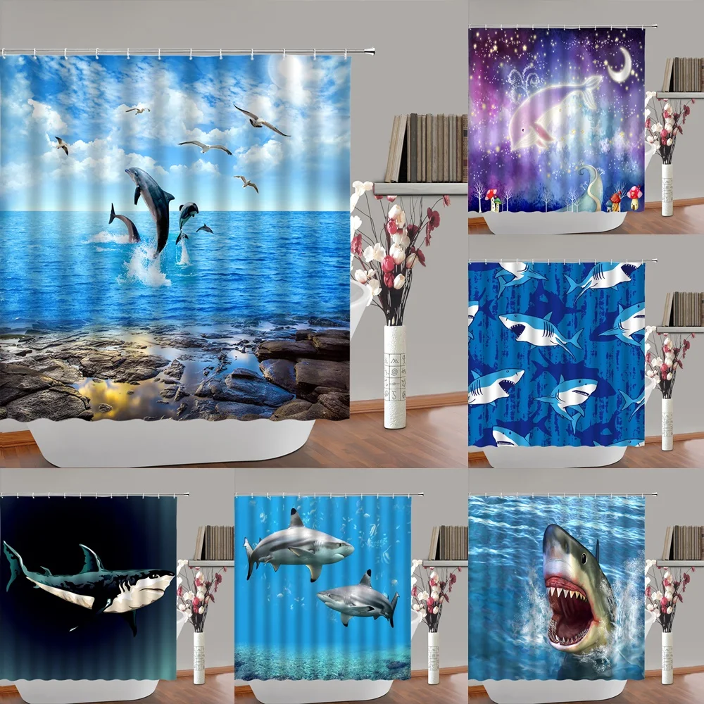 

Blue Dolphin Shower Curtain Ocean Animal Whale Cartoon Underwater World Marine Life Shark Fantasy Scenery Bathroom Curtains Sets