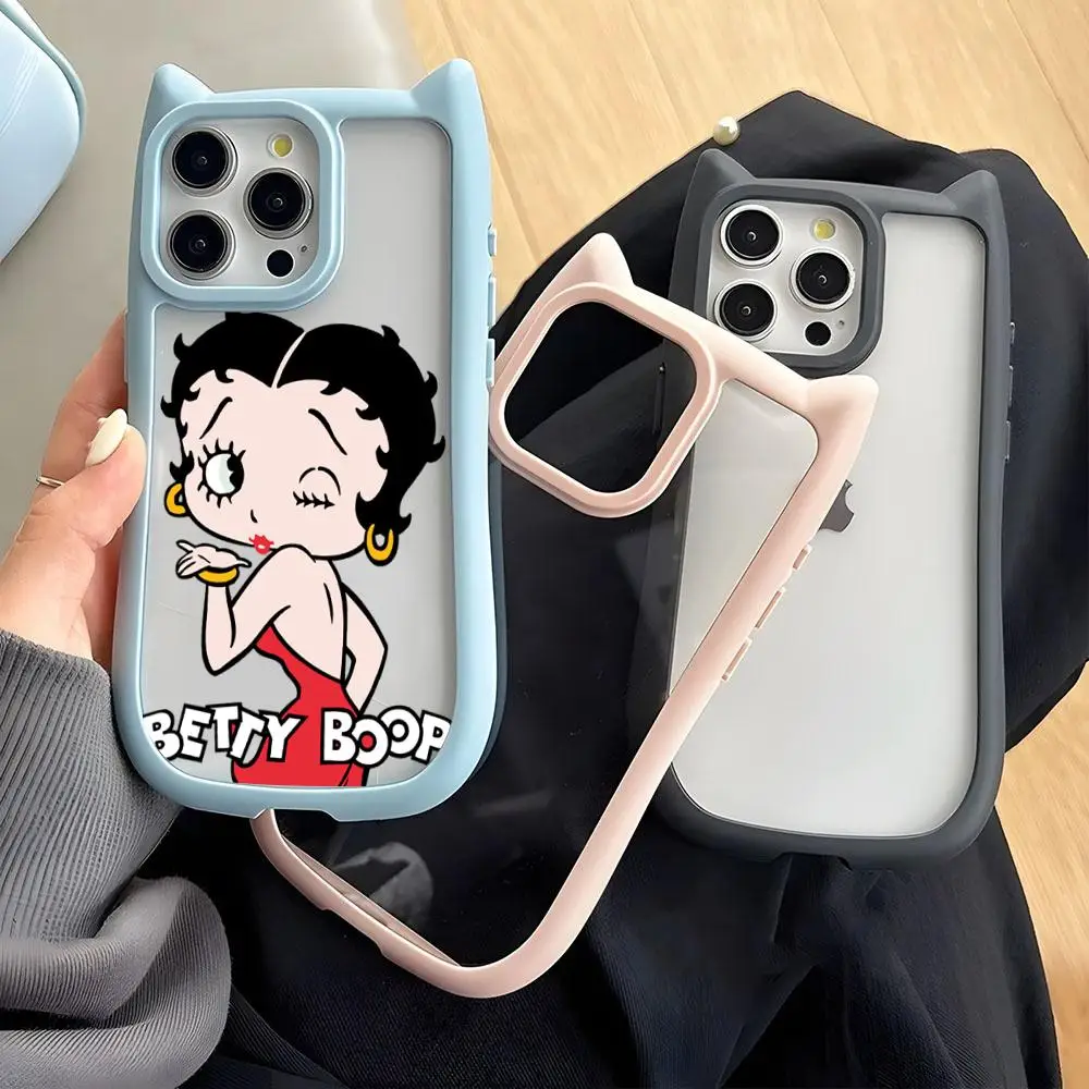 B-Betty-Cute-Boop Peaceful Phone Case For IPhone 16 Pro Max 14 13 15 12 11 Transparent Border Cute Three-dimensional Cat Ears