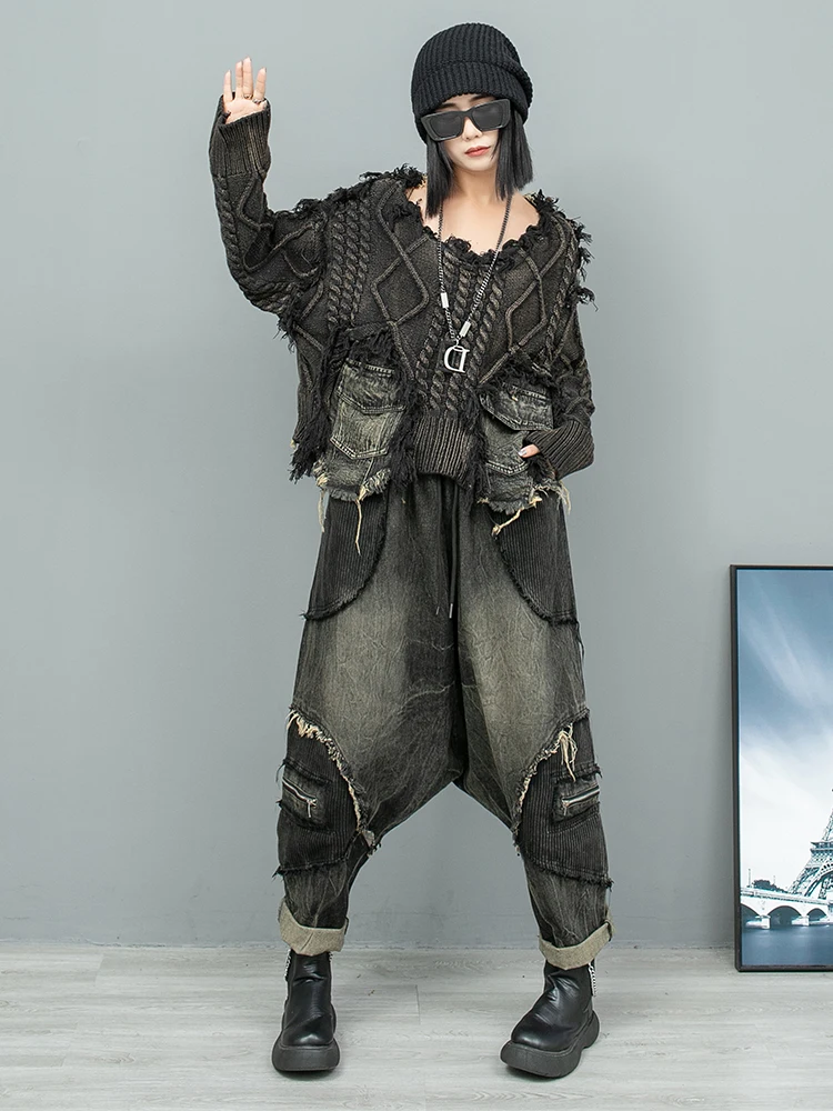 Индивидуальный Состаренный шерстяной джинсовый топ с прострочкой